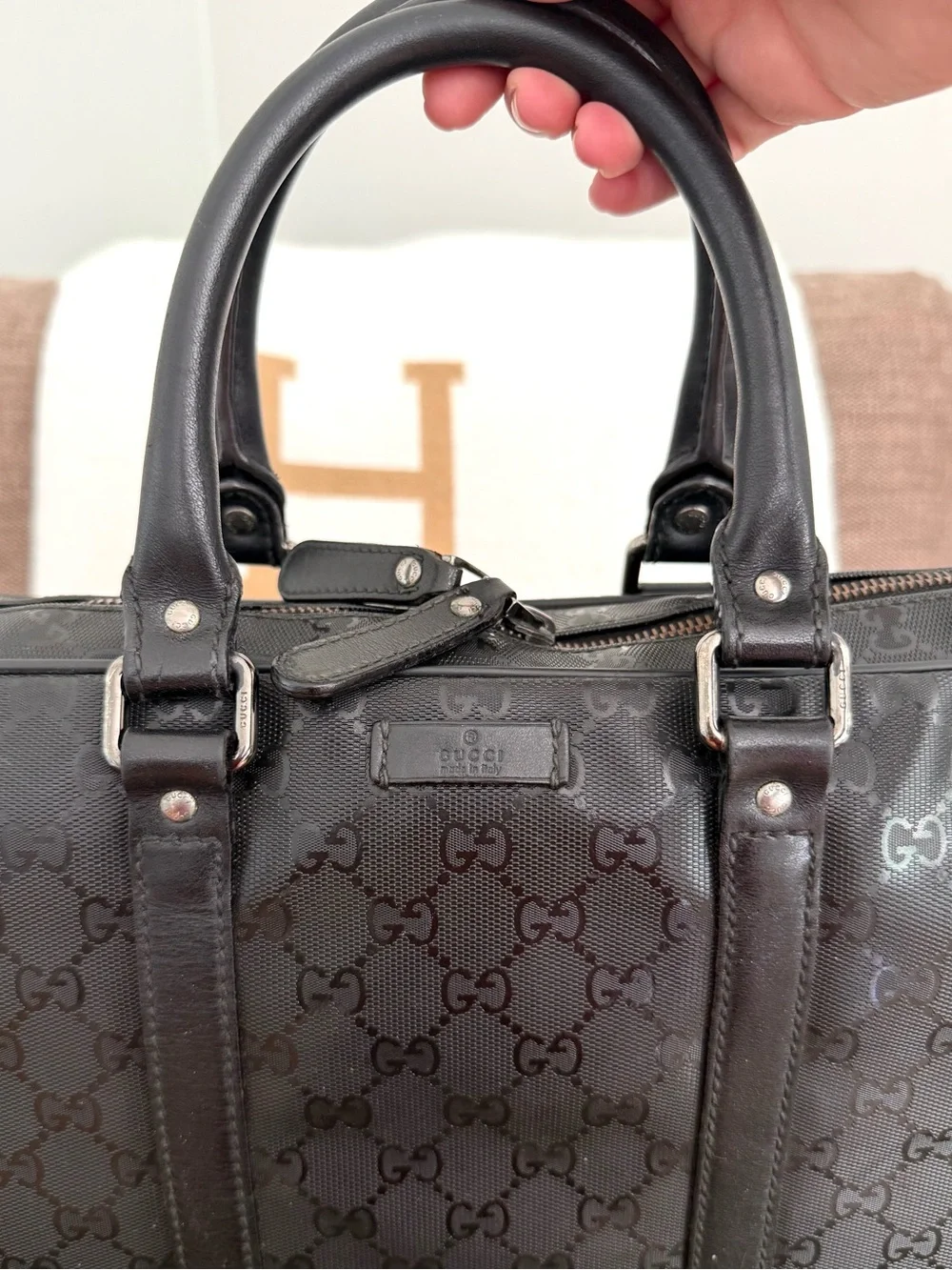 Gucci authentic black monogram imprime coated canvas unisex laptop bag